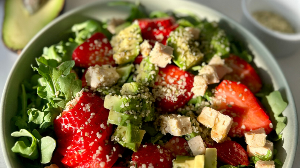 Fresh Strawberry Arugula Salad with Nut Cheese & Hemp Seeds