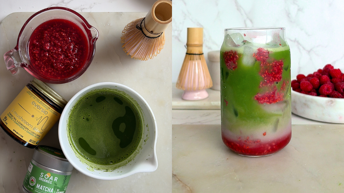 Iced Raspberry Matcha ft. 3MB layered with raspberry purée, almond milk, and matcha, made with Eversio's 3 Mushroom Blend