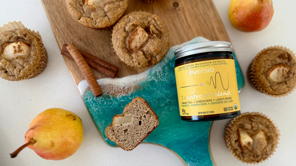 pear cardamom muffins with 3 mushroom blend